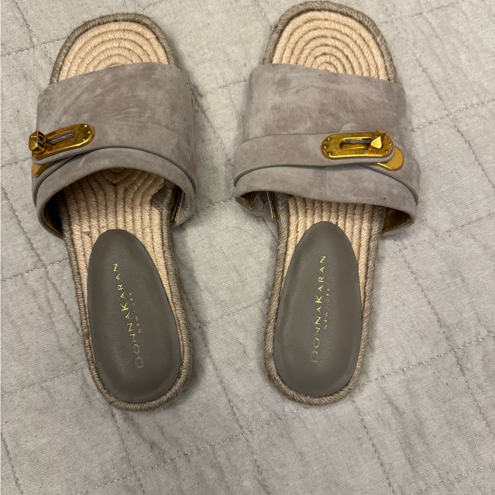Donna Karan Taupe Mules with Gold Buckle